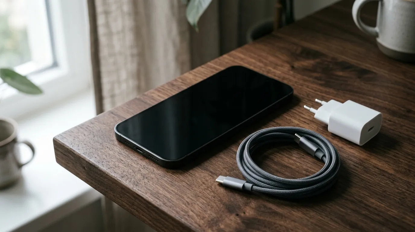 Telefon na stolu pored USB-C kabla i punjaca
