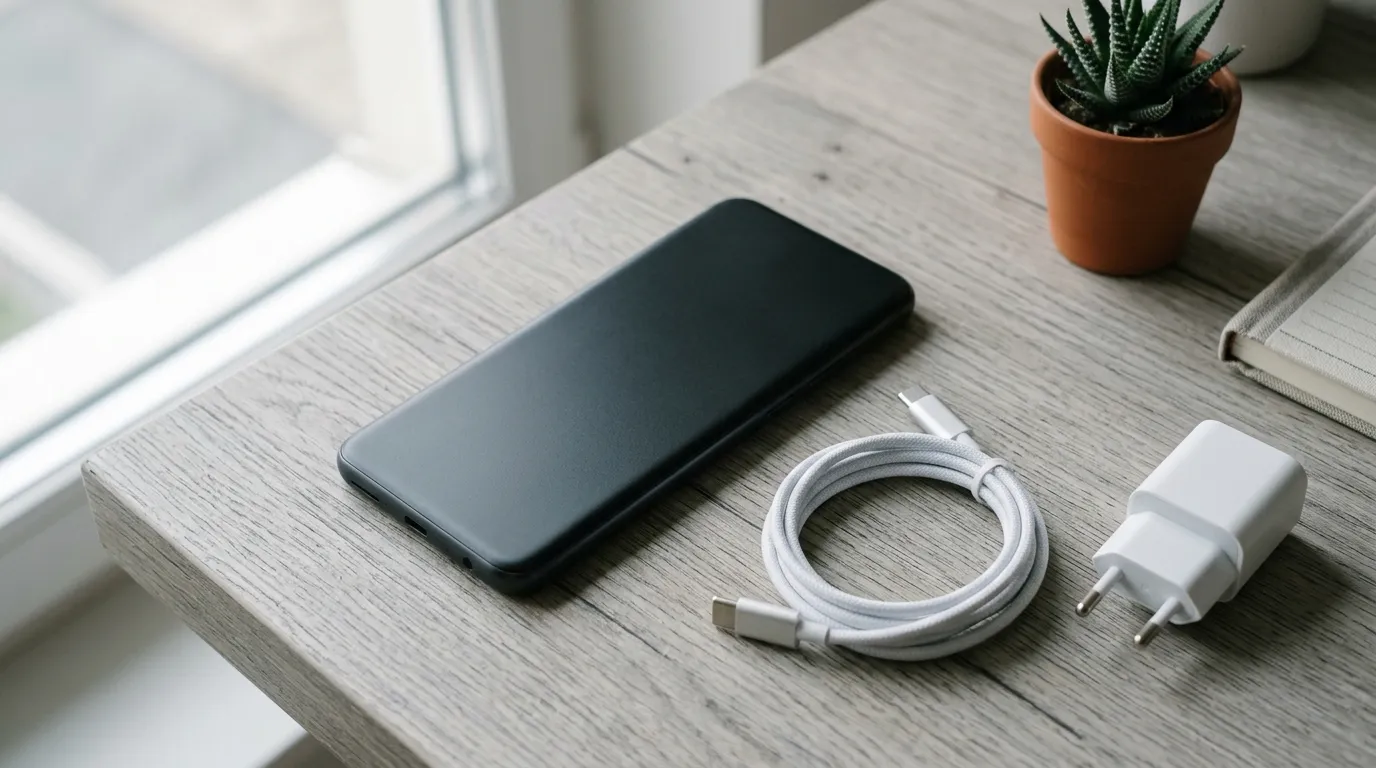 Telefon sa punjacem i USB-C kablom na stolu pored prozora